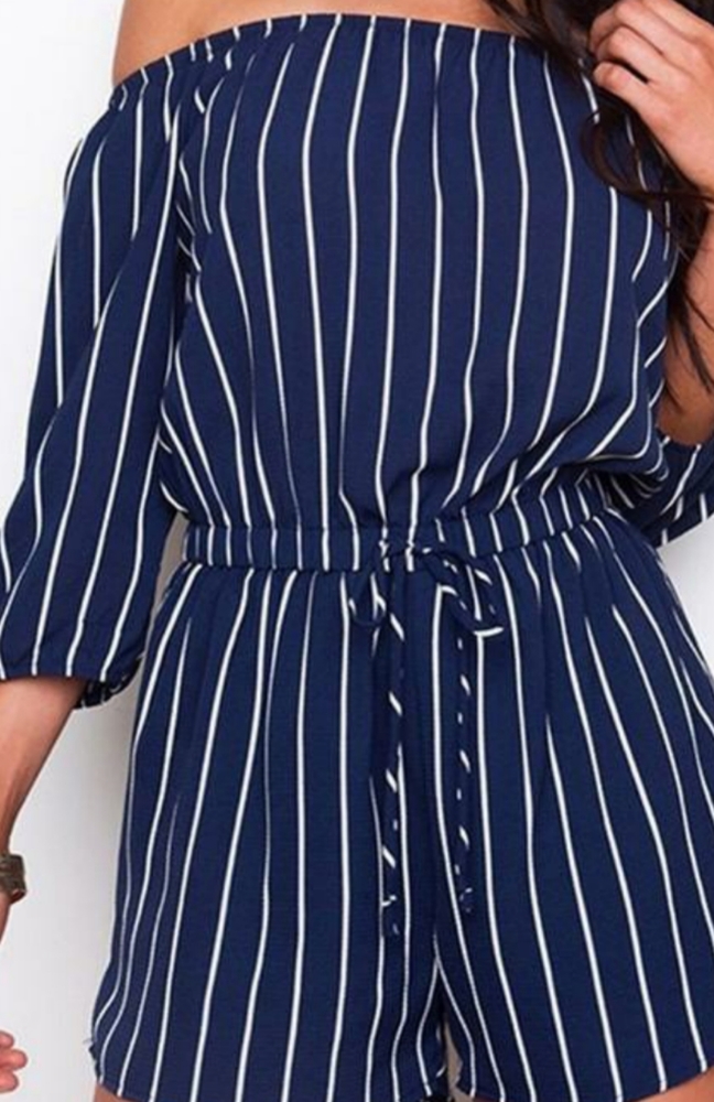 Vertical Striped Navy Off Shoulder Romper With 3/4